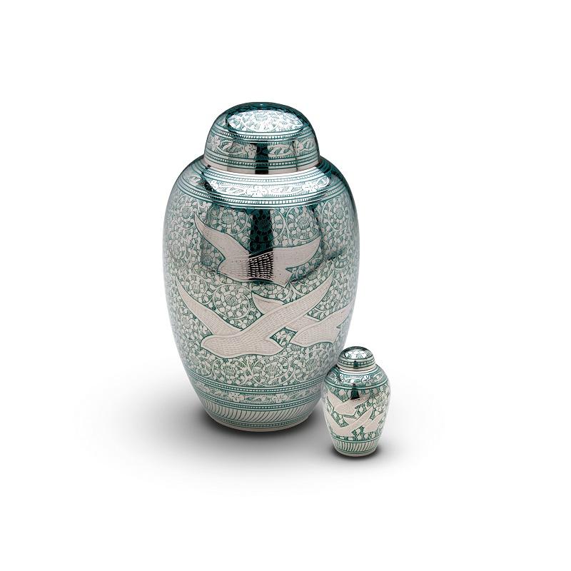 Brass Birds Urn (Green) - Adult