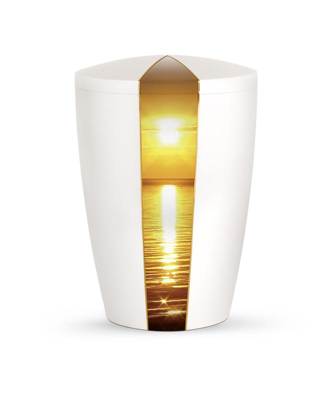 Arboform Urn - Urn with a mother-of-pearl surface. The lifelike illustrations are framed by delicate gold stripes.