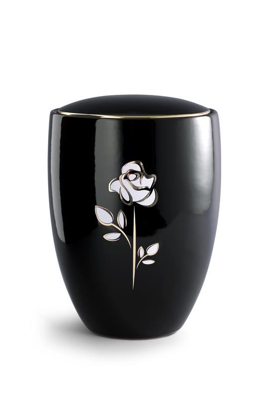 Ceramic Urn, Black Shiny Glaze, White Detailed Rose.