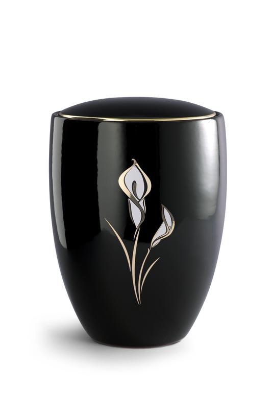 Ceramic Urn, Black Shiny Glaze, White Detailed Lily