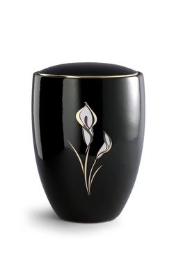 Ceramic Urn, Black Shiny Glaze, White Detailed Lily